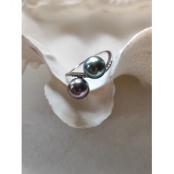 BAGUE EN ARGENT AVEC DEUX PERLES NOIRES DE CULTURE DE LA POLINÉSIE FRA